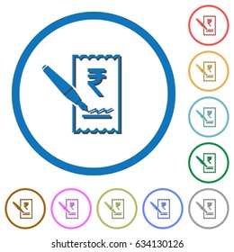 Signing Rupee cheque flat color vector icons with shadows in round outlines on white background