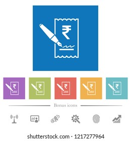 Signing Rupee cheque flat white icons in square backgrounds. 6 bonus icons included.
