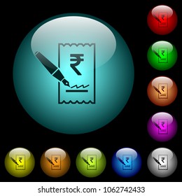 Signing Rupee cheque icons in color illuminated spherical glass buttons on black background. Can be used to black or dark templates