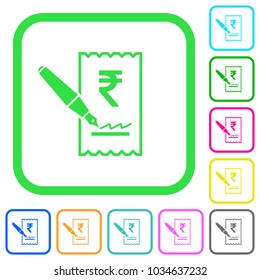 Signing Rupee cheque vivid colored flat icons in curved borders on white background
