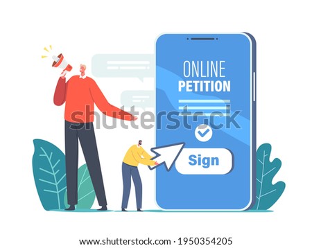 Signing and Spreading Online Document. Tiny Agitator Characters at Huge Smartphone Yell to Megaphone Call to Sign Online Petition. Collective Public Appeal Service. Cartoon People Vector Illustration