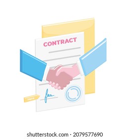 Firma de documento exitoso con sello en carpeta amarilla, oficial, acuerdo legal. 3d firma en archivo con las manos temblorosas de los socios en el negocio. Trabajos con colaboración. Celebración del contrato