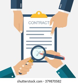 Signing of a treaty business contract. Flat design vector illustration. Agreement. Businessman signs a contract  in hands. Inspection the legal document. Successful deal, meeting.