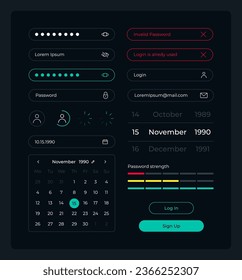 Signing up UI elements kit. Personal data isolated vector components. Flat navigation menus and interface buttons template. Web design widget collection for mobile application with dark theme
