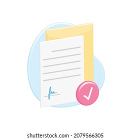 Signing voluminous 3D official, licensed document, file with information, text on sheet in yellow folder, agreement with checkmark icon. Vector signature on document. Successful contract. Paperwork.