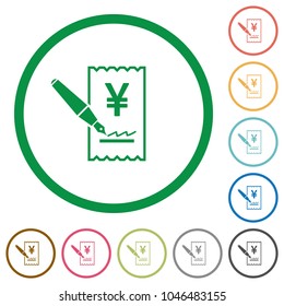 Signing Yen cheque flat color icons in round outlines on white background