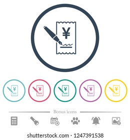Signing Yen cheque flat color icons in round outlines. 6 bonus icons included.