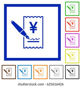 Signing Yen cheque flat color icons in square frames on white background