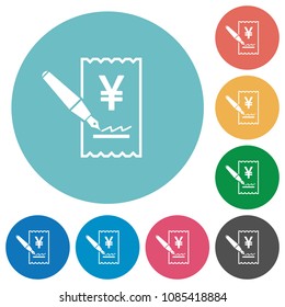 Signing Yen cheque flat white icons on round color backgrounds