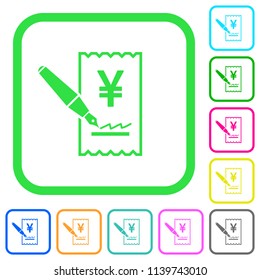 Signing Yen cheque vivid colored flat icons in curved borders on white background