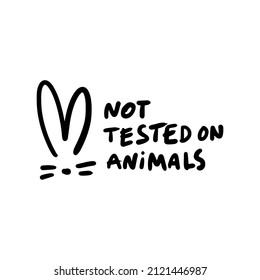 Sign:"not tested on animals" for products and clothing. Rabbit face illustration.