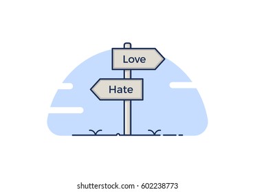 Signpost with 2 choices between love and hate. Isolated Vector illustration