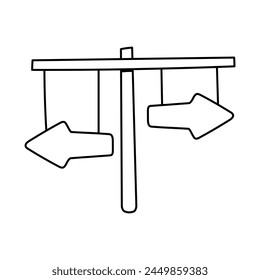 Icono del Vector de las flechas de señalización en estilo doodle. Símbolo de elección de dirección en diseño simple. Objeto de dibujos animados dibujado a mano aislado sobre fondo blanco.