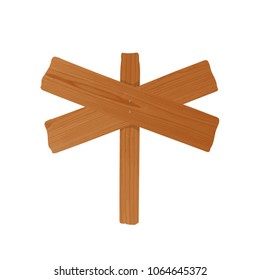 Signpost or billboard made of pair of crossed rough wooden planks and pole nailed together. Empty unhewn signboard isolated on white background. Cartoon design element. Colorful vector illustration.