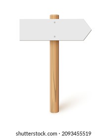 Signpost With Blank Direction Sign On Road. Wooden Stick With White Arrow Board Vector Illustration. Retro Street Post Isolated On White Background. Simple Empty Crossroad Banner.