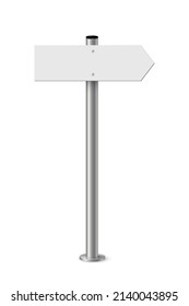 Signpost with blank direction sign on road. Metal pole with white arrow board vector illustration. Retro steel street post isolated on white background. Simple empty crossroad banner.