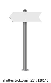 Signpost with blank direction sign on road. Metal pole with white arrow board vector illustration. Retro steel street post isolated on white background. Simple empty crossroad banner.