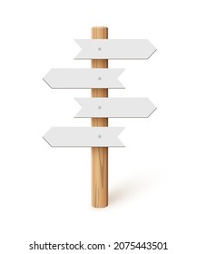 Signpost with blank direction signs on road. Wooden stick with white arrow boards vector illustration. Retro street post isolated on white background. Simple empty crossroad banners.