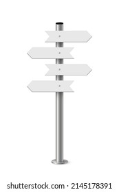 Signpost with blank direction signs on road. Metal pole with white arrow boards vector illustration. Retro steel street post isolated on white background. Simple empty crossroad banners.