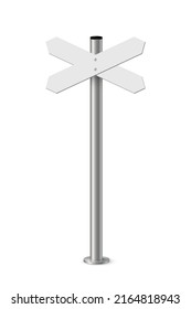 Signpost with blank direction signs on road. Metal pole with white arrow boards vector illustration. Retro steel street post isolated on white background. Simple empty crossroad banners.