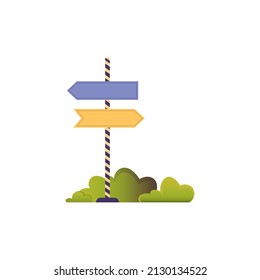 Signpost in the bushes. Colorful flat illustration isolated on white background. Amusement park concept.