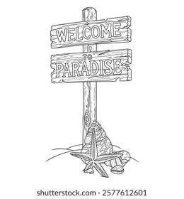 Signpost by the sea.Welcome to paradise .Coloring book antistress for children and adults. Illustration isolated on white background.Zen-tangle style. Hand draw