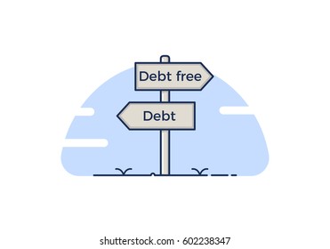 Signpost concept with 2 choices between debt and debt free. Isolated Vector illustration