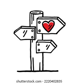 Signpost crossing heart doodle  Wooden guidepost love direction sign  Love this way crossroad sign board drawing  Vector illustration 