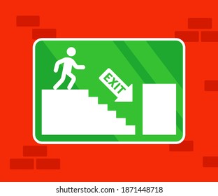 signpost descending the stairs to the exit. evacuation from the building in case of a sound situation. flat vector illustration