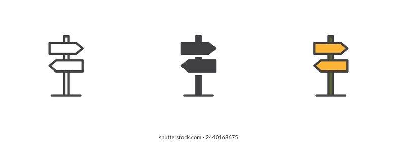 Signpost different style icon set. Line, glyph and filled outline colorful version, outline and filled vector sign. Road sign symbol, logo illustration. Vector graphics