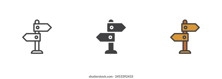 Signpost different style icon set. Line, glyph and filled outline colorful version, outline and filled vector sign. Guidepost symbol, logo illustration. Vector graphics