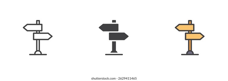 Signpost different style icon set. Line, glyph and filled outline colorful version, outline and filled vector sign. Direction sign, logo illustration. Vector graphics