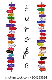 Signpost with direction boards indicating the direction to all European countries.