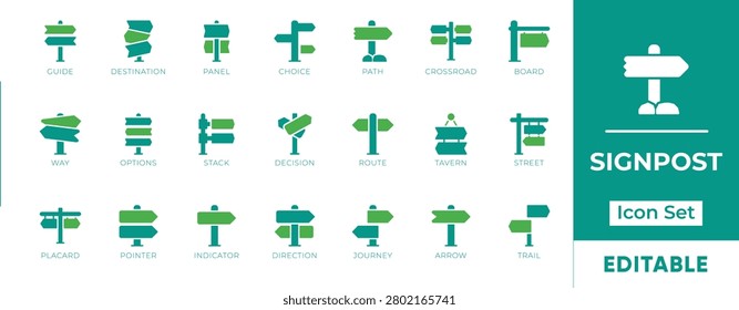 Signpost and Direction Solid Icon Set. Vector Symbols including Wayfinding Guidepost Crossroad Path for web and app UI.