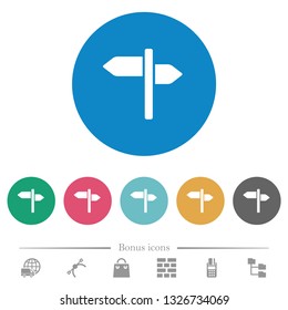 Signpost flat white icons on round color backgrounds. 6 bonus icons included.