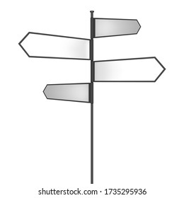 Signpost with four multidirectional white blank arrows. Realistic vector illustration