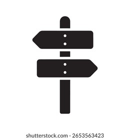 Ícone de placa com setas apontando em direções diferentes para uma escolha de viagem representando orientação e navegação em uma viagem ou um ícone de glifo sólido de vetor de caminho