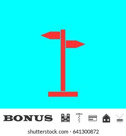 Signpost icon flat. Red pictogram on blue background. Vector illustration symbol and bonus buttons Music center, corkscrew, credit card, house, drum