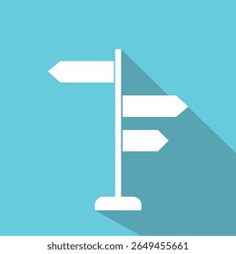 Signpost icon with long shadow on blue background.