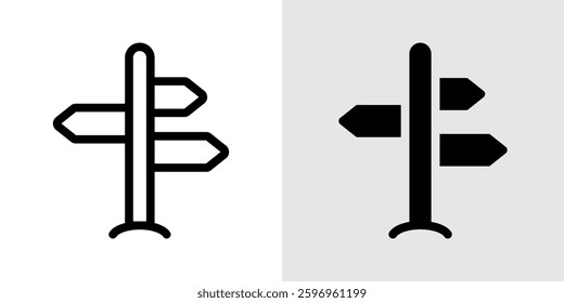 Signpost icon set. Direction and navigation sign. Road sign, wayfinding, and location symbol. Guide, travel, and destination pictogram. Map pointer and street route illustration.