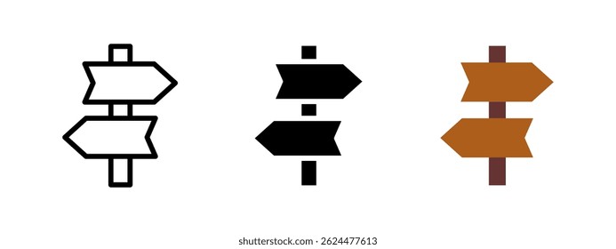 Signpost icon. Wooden directional arrows pointing left and right vector illustration. Navigation guide symbol for travel and road decision-making sign. Wayfinding and direction pictogram.