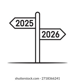 Una señal que indica los años futuros con flechas que apuntan a 2025 y 2026