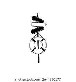 Signpost with lifebuoy hand drawn doodle vector illustration. Beach seaside wooden direction sign. Wood arrows on the coast line with preserver. Lifesaver hanging on the crossroad billboard