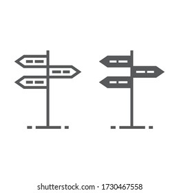 Symbol für Signposten und Glyphe, Pfeil und Post, Vektorgrafiken für Straßenzeichen, Linearsymbol auf weißem Hintergrund, 10