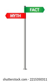 Signpost with myth and fact arrow signage vector illustration. 3d realistic metal pole with information boards about truth and fiction, true honest and fake news. guide post on white background