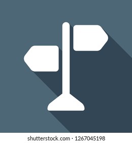 Signpost, pictogram of directions, make a choice, simple icon. White flat icon with long shadow on blue background