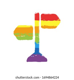 Panneau, pictogramme des directions, faire un choix, icône simple. Signe de dessin au style LGBT, sept couleurs de l'arc-en-ciel (rouge, orange, jaune, vert, bleu, indigo, violet)
