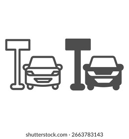Signpost of place and car line and solid icon, learners permit concept. Vector graphics. Car vehicle and plank pole, location tag sign on white background, outline style icon for mobile or web design