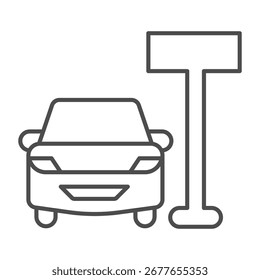 Signpost of place and car thin line icon, learners permit concept. Vector graphics. Car vehicle and plank pole, location tag sign on white background, outline style icon for mobile or web design