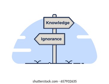 Signpost pointing to 2 opposite directions - knowledge or ignorance. Vector illustration concept